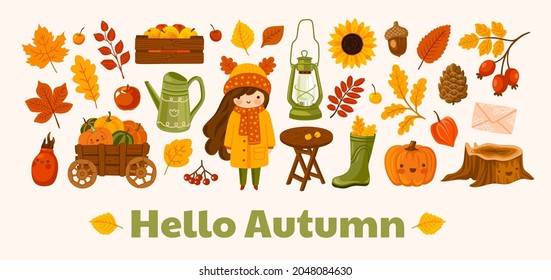 Hello autumn horizontal banner. Cozy fall garden postcard layout. Vector template with cute kawaii illustration. Harvest, apple, pumpkins, berries, foliage, sunflower, acorn and vintage kerosene lamp.