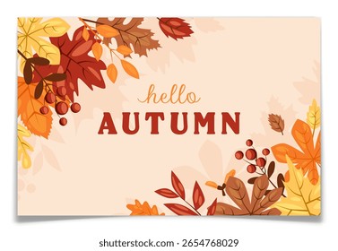 Hola otoño diseño de Anuncio Horizontal. Fondo de vacaciones de otoño con arce colorido, castaño, follaje de roble y ramas de baya. Tarjeta de felicitación de temporada con tipografía escrita a mano. Ilustración vectorial.