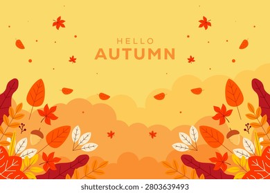 Hello Autumn Horizontal Banner with Falling Leaves Illustration