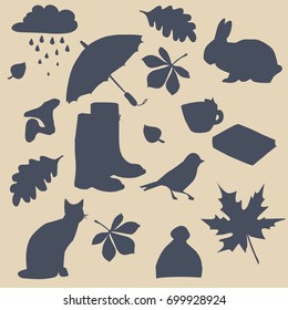 Hello autumn icon silhouette set, with an umbrella, boots, a cat and autumn leaves. Vector illustration