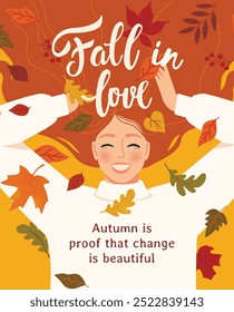 Hello Autumn illustration with cute woman enjoys autumn season and feels positive emotions from nature. Vector flat design for greeting card, poster, flyer, web and other use