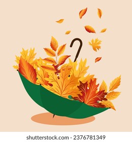 Hello autumn illustration. Autumn fall concept with umbrella and leaves inside. Typography retro colors design. Stock vector