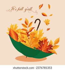 Hallo Herbstgrafik. Herbstfall Konzept mit Regenschirm und Blätter mit Zitat - Sein Herbst Yall. Typografie Retro Farben Design. Stock-Vektorgrafik