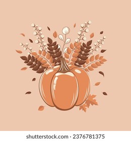 Hello autumn illustration. Autumn fall concept with pumpkin and leaves. Retro colors design. Stock vector