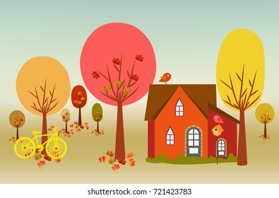 Hello autumn Illustration of a forest in autumn with leaves falling