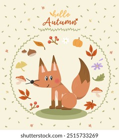 Hello autumn illustration with fox character and fallen leaves