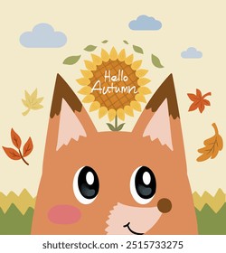 Hello autumn illustration with fox character and fallen leaves