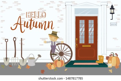 Hello Autumn illustration with Front Door House Exterior Entrance and autumn elements. Editable vector illustration