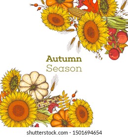 Hello autumn illustration. Harvest festival. Hand drawn frame with fall leaves, pumpkins and sunflowers. Vector illustration. Thanksgiving design template. 