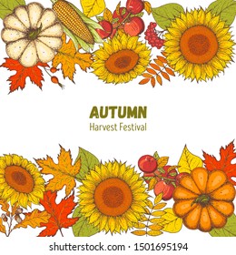 Hello autumn illustration. Harvest festival. Hand drawn frame with fall leaves, pumpkins and sunflowers. Vector illustration. Thanksgiving design template.