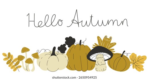Hello Autumn Illustration with Mushrooms Pumpkins and Fall Leaves in Green Flat Style