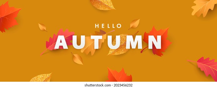 Hello Autumn illustration with phrase in paper cut style decorated with beautiful bright leaves on Amber Glow colored background. Design for label, card, Sale or promotional poster, flyer, web banner