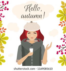 Hello autumn illustration.  Pretty girl in autumn.