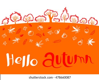 Hello autumn inspirational quote with cute landscape . Design element and lettering for fall season cards, backgrounds and posters