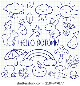 Hello autumn. Kids collection of doodle elements - animal, rainbow, cloud, sun, mushroom, carrot, umbrella. Set of sketches in hand drawn style. Vector illustration EPS8