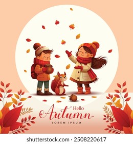 hello autumn kids enjoying autumn nature. abstract vector illustration design