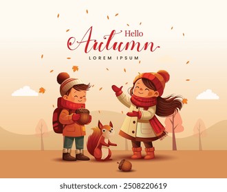 hello autumn kids enjoying autumn nature. abstract vector illustration design