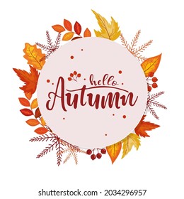Hello autumn label with leaves and plants. Vector illustration