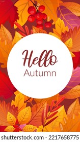 Hello Autumn label on fall leaves background
