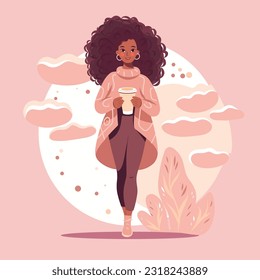 Hello Autumn landing page. Cute beautiful afro woman in warm sweater walking outdoors with coffee to go. Vector illustration in flat cartoon style pink color