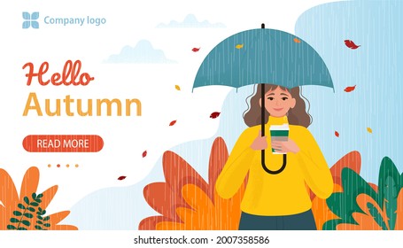 Hello Autumn landing page. Woman with umbrella in the rain at autumn. Vector illustration in flat style