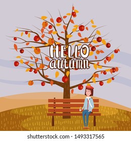 Hello Autumn landscape apple tree and girl drinking coffee in trend flat cartoon style bench panorama horizon. Illustration vector isolated banner postcard poster