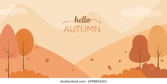 Hello Autumn! Autumn landscape banner vector design illustration. Autumn background. 