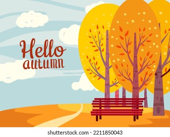 Hello Autumn landscape countryside scene, path, tree banner. Rural fall view fields