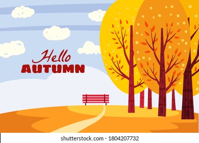 Hello Autumn landscape. Fall trees with yellow orange leaves, lonely bench for contemplation of autumn nature park. Vector isolated illustration