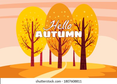 Hello Autumn landscape. Fall trees with yellow orange leaves, autumn nature park. Vector isolated illustration