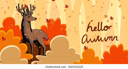 Hello Autumn landscape illustration. Colorful Maple vector. Deer hand drawing. Design of social media, banner, poster, newsletter, advertisement, Sale template, leaflet, placards, brochure, wallpaper.