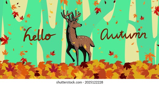 Hello Autumn landscape illustration. Colorful Maple vector. Deer hand drawing. Design of social media, banner, poster, newsletter, advertisement, Sale template, leaflet, placards, brochure, wallpaper.