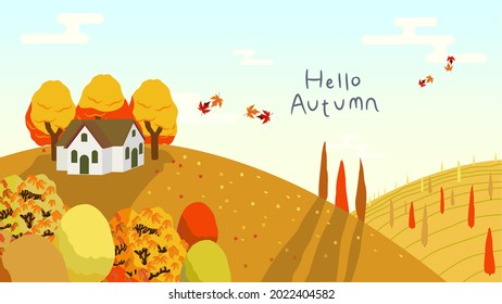 Hello Autumn landscape illustration. Fall season colorful vector. Maple leaves. Design of social media, banner, poster, newsletter, advertisement, Sale template, leaflet, placard, brochure, wallpaper.