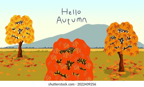 Hello Autumn landscape illustration. Fall season colorful vector. Maple leaves. Design of social media, banner, poster, newsletter, advertisement, Sale template, leaflet, placard, brochure, wallpaper.