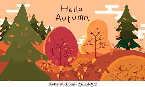 Hello Autumn landscape illustration. Fall season colorful vector Illustration. Design of social media, banner, poster, newsletter, advertisement, Sale template, leaflet, placard, brochure, wallpaper.