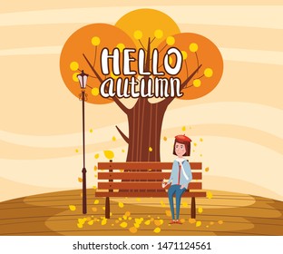 Hello Autumn landscape lonely tree and girl drinking coffee in trend flat cartoon style bench panorama horizon. Illustration vector isolated banner postcard poster