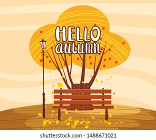 Hello Autumn landscape lonely tree in trend flat cartoon style bench panorama horizon. Illustration vector isolated banner postcard poster