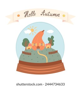 Hello autumn, landscape with pumpkin, gift glass ball. Vector Illustration for printing, backgrounds and packaging. Image can be used for cards, posters and stickers. Isolated on white background.