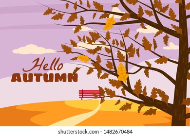 Hello Autumn landscape tree yellow red orange color of leaves forest autumn bench panorama horizon romantic mood. Illustration vector isolated banner poster postcard trend flat cartoon style