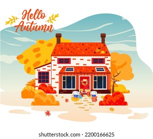 Hello Autumn landscape with trees and country house isolated on white background. Cozy fall card flat vector illustration