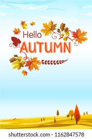 Hello Autumn. Autumn landscape with trees and fall leaves.