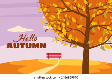 Hello Autumn landscape trees yellow red orange color of leaves forest autumn bench panorama horizon romantic mood. Illustration vector isolated banner poster postcard trend flat cartoon style