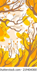Hello, Autumn. Landscape vertical background. Crowns of trees with yellowed leaves. Clouds in the sunset sky. For story, banner, poster, background.