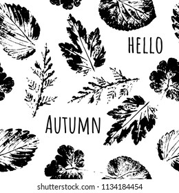 Hello Autumn. Leaf fall. Seamless autumn pattern from different leaves. Black on white.