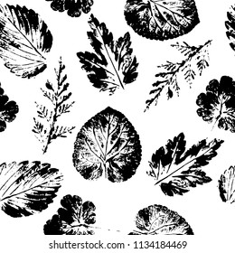 Hello Autumn. Leaf fall. Seamless autumn pattern from different leaves. Black on white.