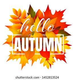 Hello autumn leaflet design with bunch of leaves. Handwritten text, word in frame, orange, green and yellow fall foliage. Vector illustration can be used for banners, brochures, greeting cards