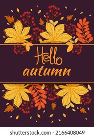 Hello autumn. Autumn leaves, branch with berry. Banner, postcard, poster, vector illustration.