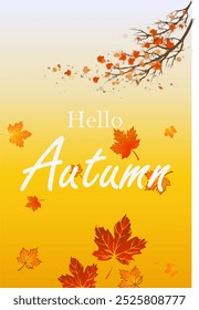 Hello autumn. Autumn leaves, branch with berry. Banner, postcard, poster, vector illustration.