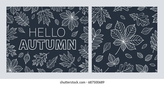 Hello autumn. Leaves of different trees drawn with chalk on black chalkboard. Raster copy.