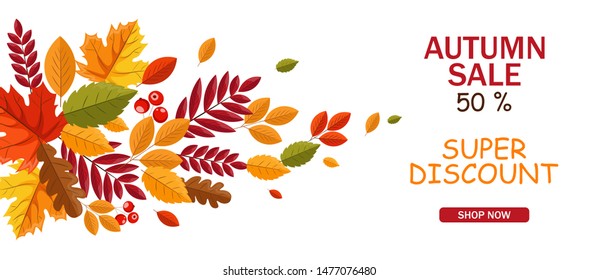 Hello autumn, autumn leaves flat, colored leaves isolated set, autumn elements, autumn banner, sale banner vector illustration